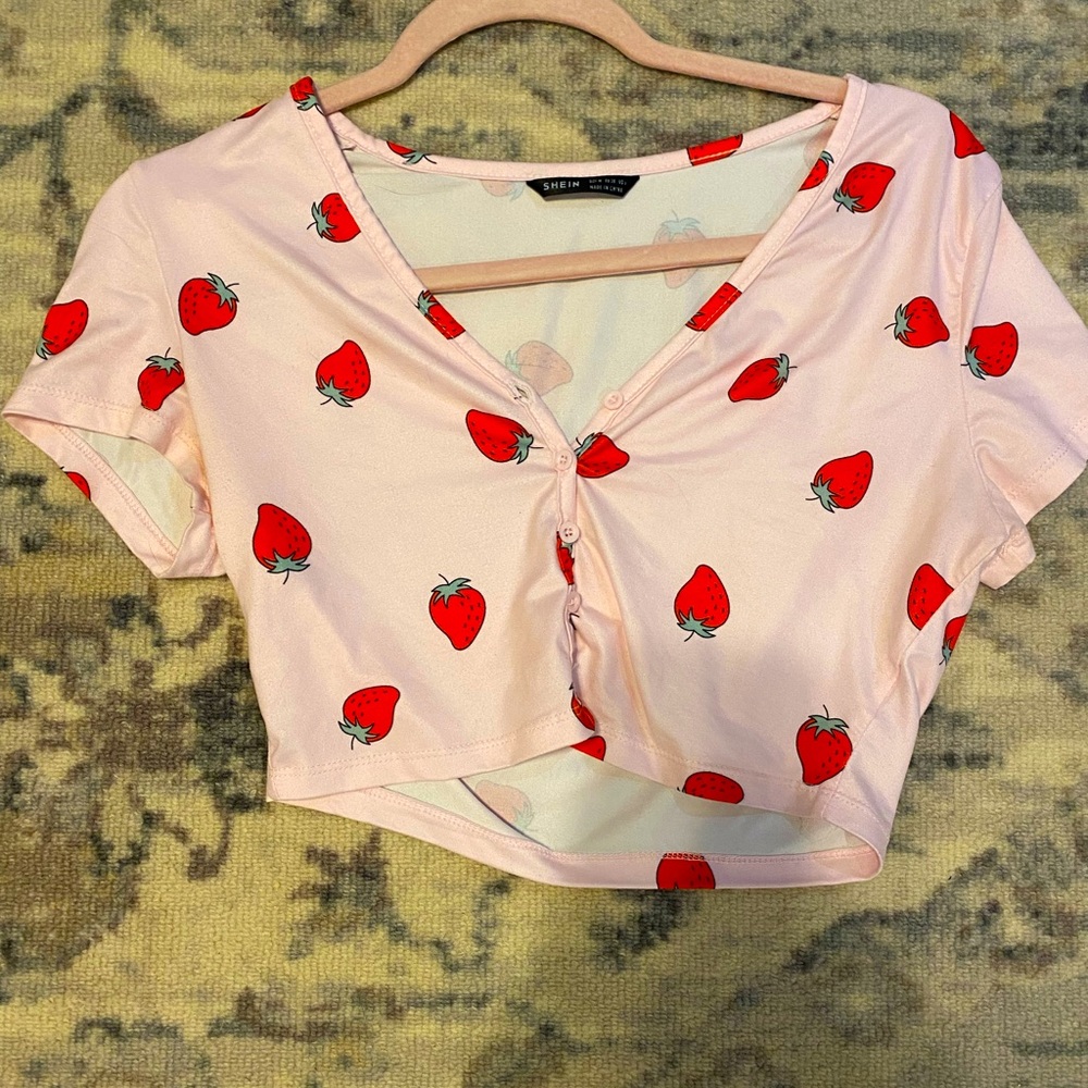 SHEIN Pink Strawberry Print Cropped Button-Front Top
